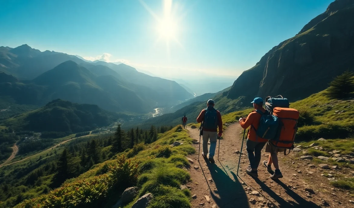 Hiking in lush green mountains with hikers navigating a scenic trail, showcasing outdoor adventure.
