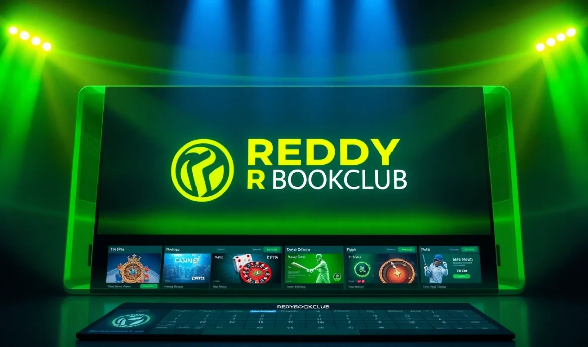 REDDYBOOKCLUB branding with dynamic sports and gaming visuals, highlighting secure online betting platform features for user engagement and trust.