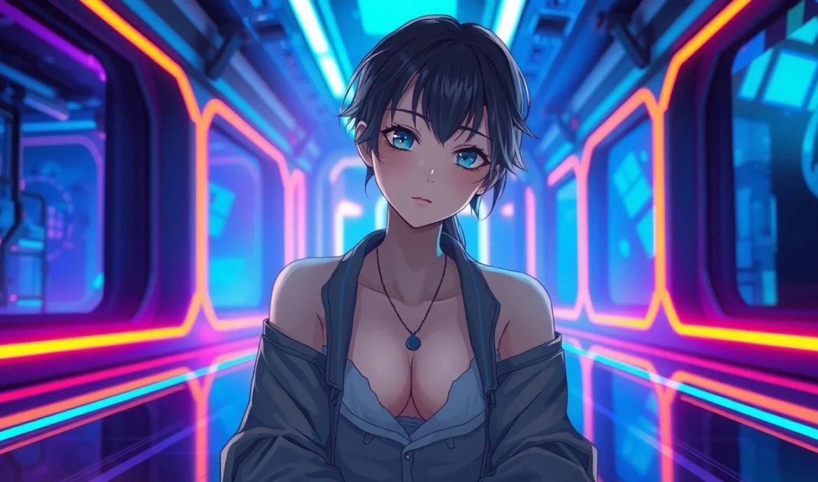 Futuristic digital artwork of a hyper-realistic anime-style character in a neon-lit sci-fi environment.