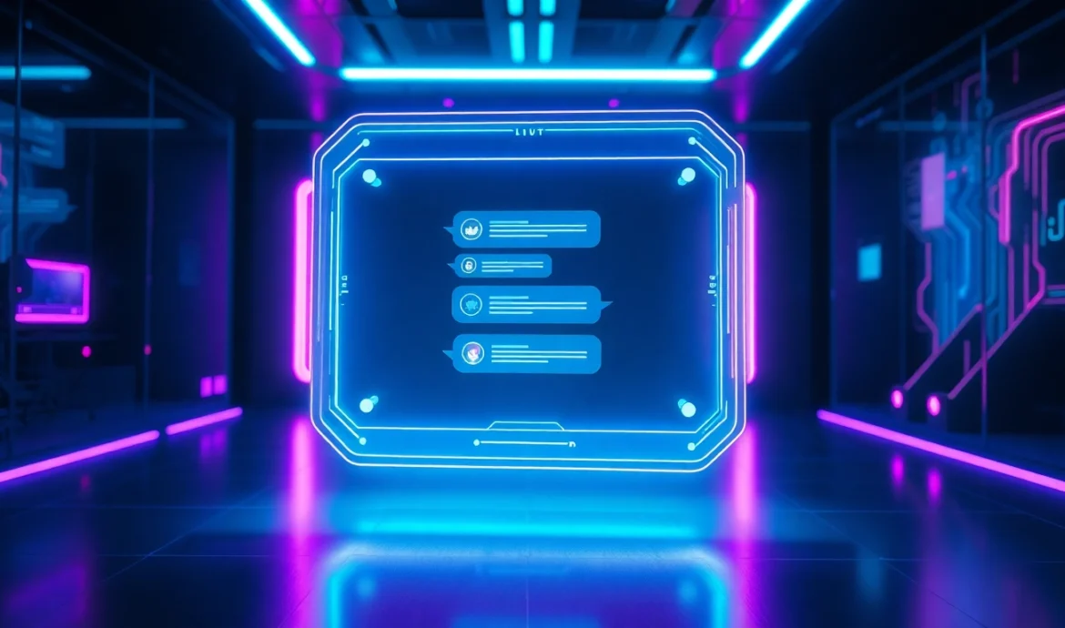 Futuristic digital chat interface with neon lighting and holographic AI characters in a high-tech setting