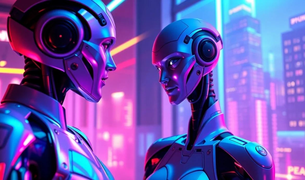 Futuristic AI humanoid figures engaging in conversation in a neon-lit digital environment.