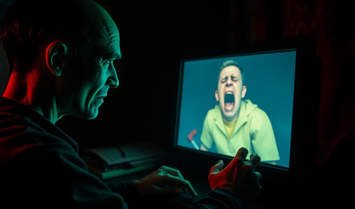 A disturbing scene of a man playing a psychological horror game, with a distressed character on screen and tools symbolizing violence, illuminated by eerie green and red lighting.