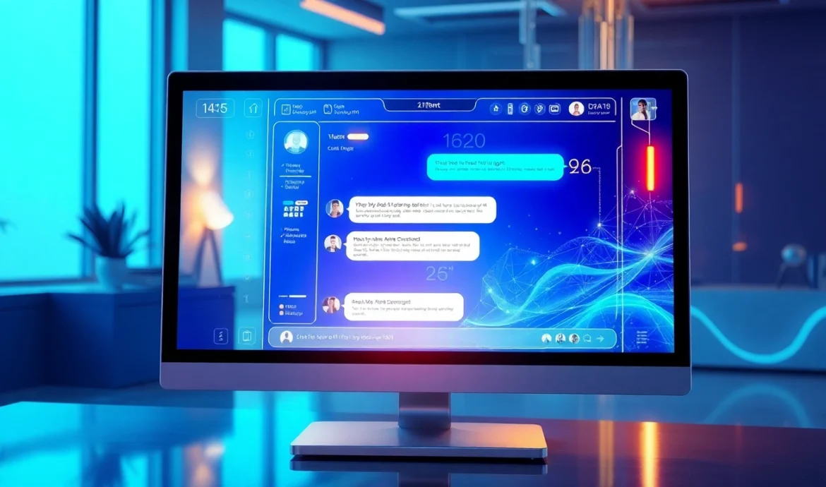 Futuristic AI chatbot interface on a digital screen with glowing holographic elements and vibrant colors.