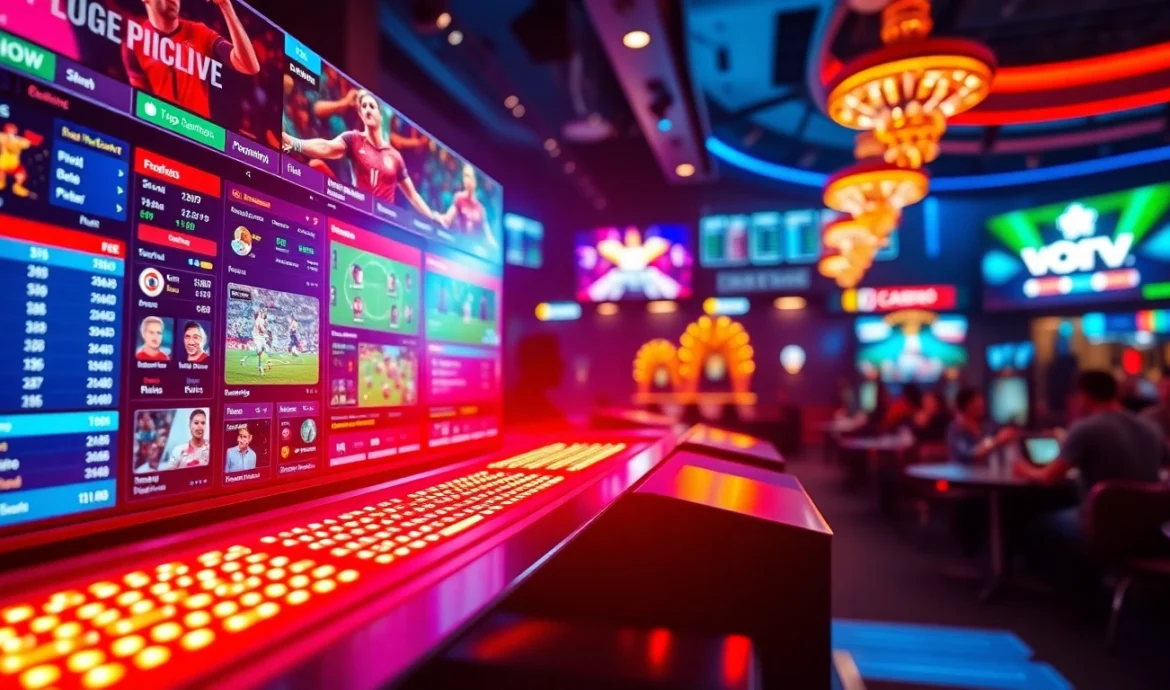 Online sportsbook and casino platform with sports betting and casino games displayed on digital screens, vibrant and energetic atmosphere.