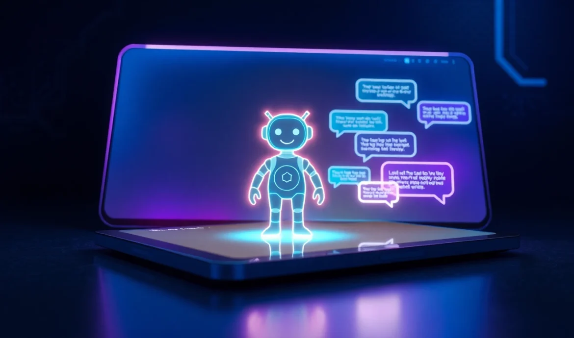 Futuristic AI chatbot interface with glowing holograms and digital conversation elements