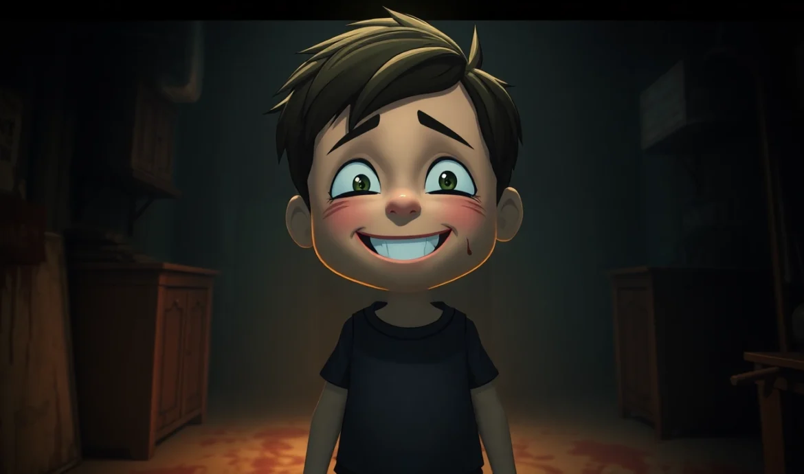 A distressed cartoon character suffering pain while a player looms over in a dark, unsettling room.