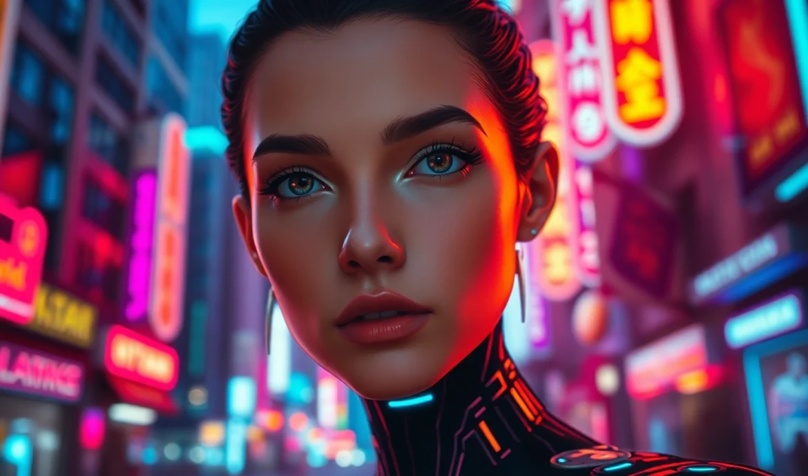 Dynamic scene using AI Porn Generator styling to craft a vivid, cinematic cyberpunk character.