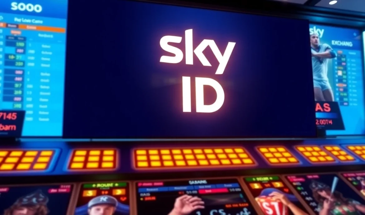 Create a clear graphic showing the process of creating a Sky Exchange ID onscreen in a dynamic gaming environment, emphasizing user login, registration, and verification steps for secure betting.