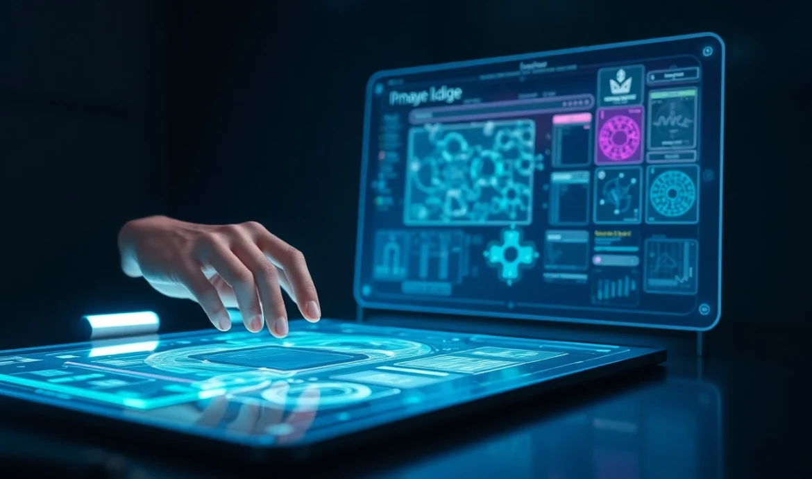 Futuristic AI workspace with holographic image editing interface in neon colors