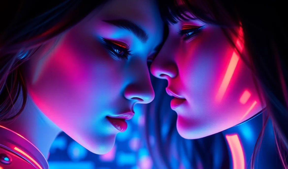 AI girlfriend engaging in a heartfelt conversation on a sleek digital screen with warm, inviting glow, emphasizing emotional connection and advanced tech.