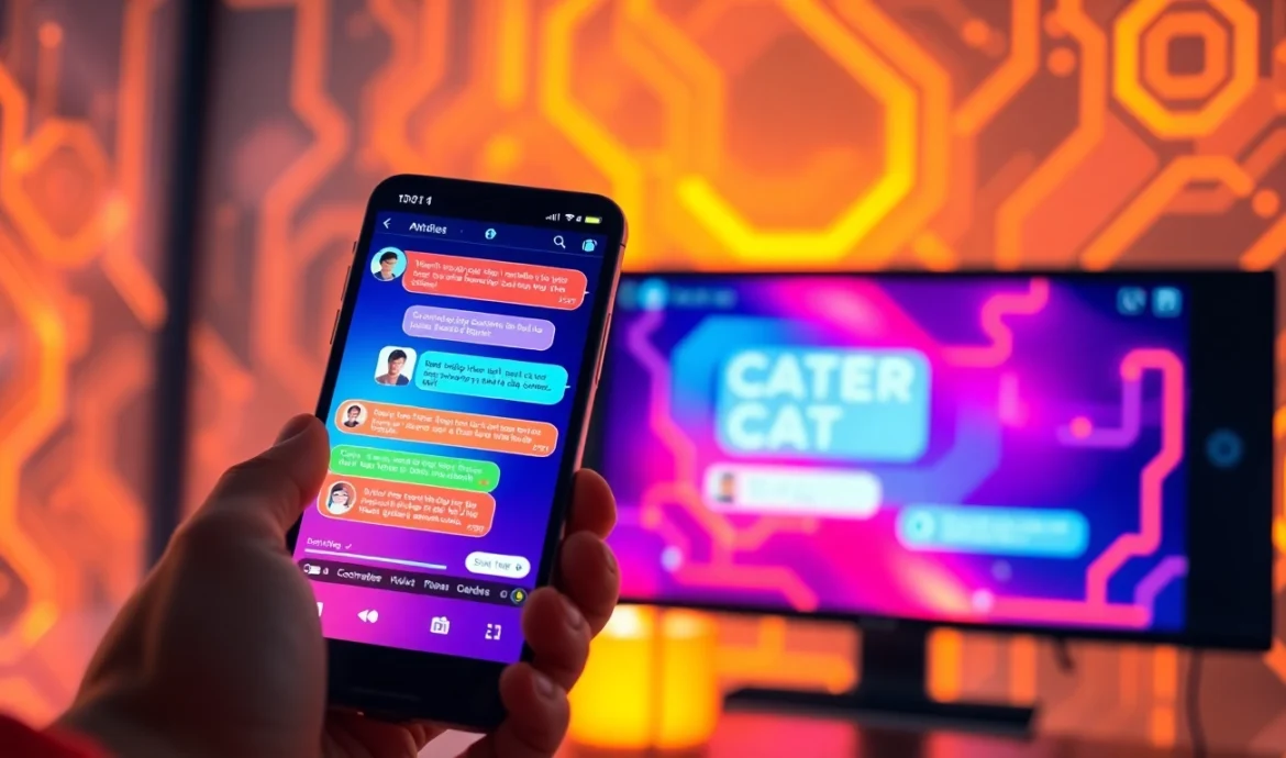 An illustration of a user interacting with an AI chatbot on a smartphone and desktop, featuring vibrant chat interfaces and futuristic tech background.
