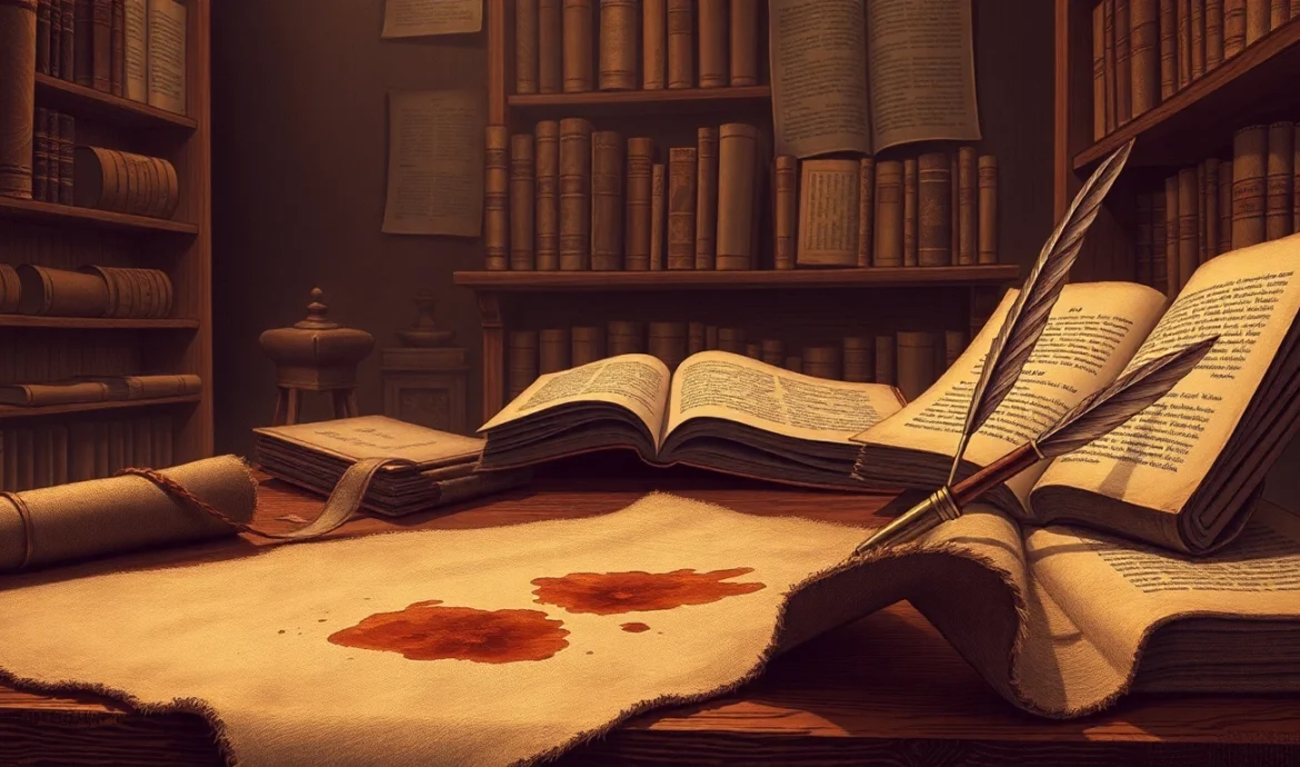 Vintage scholarly scene with old books and stained cloth representing the origins of "smut."