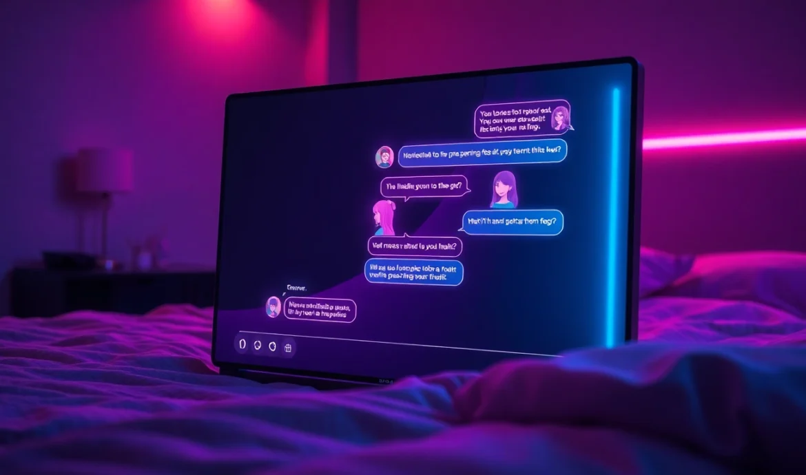 Futuristic chatbot interface with holographic characters in a cozy, neon-lit bedroom setting.