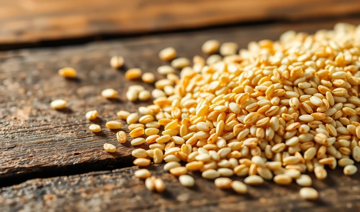 High-resolution image showcasing fresh sesame seeds scattered on a wooden table for food packaging