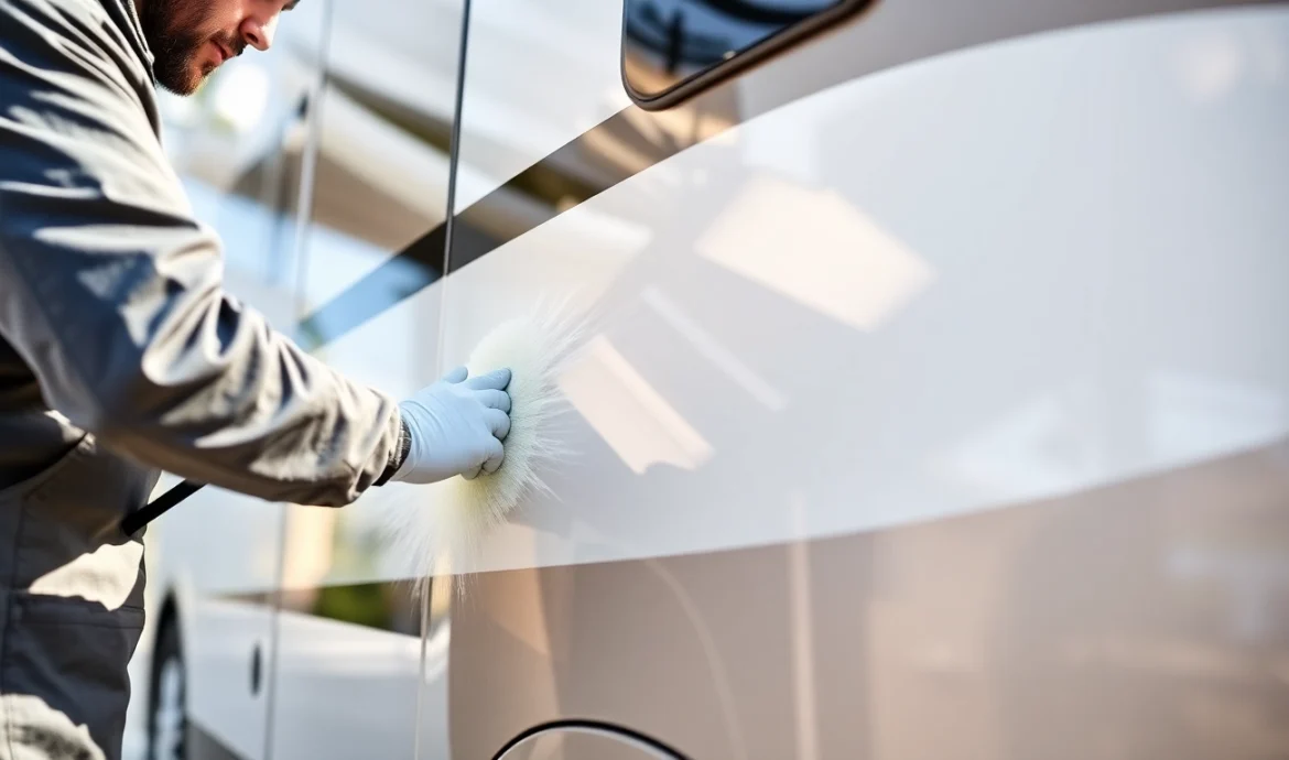 Professional technician applying Wohnmobil Politursiegelung to enhance and protect campervan